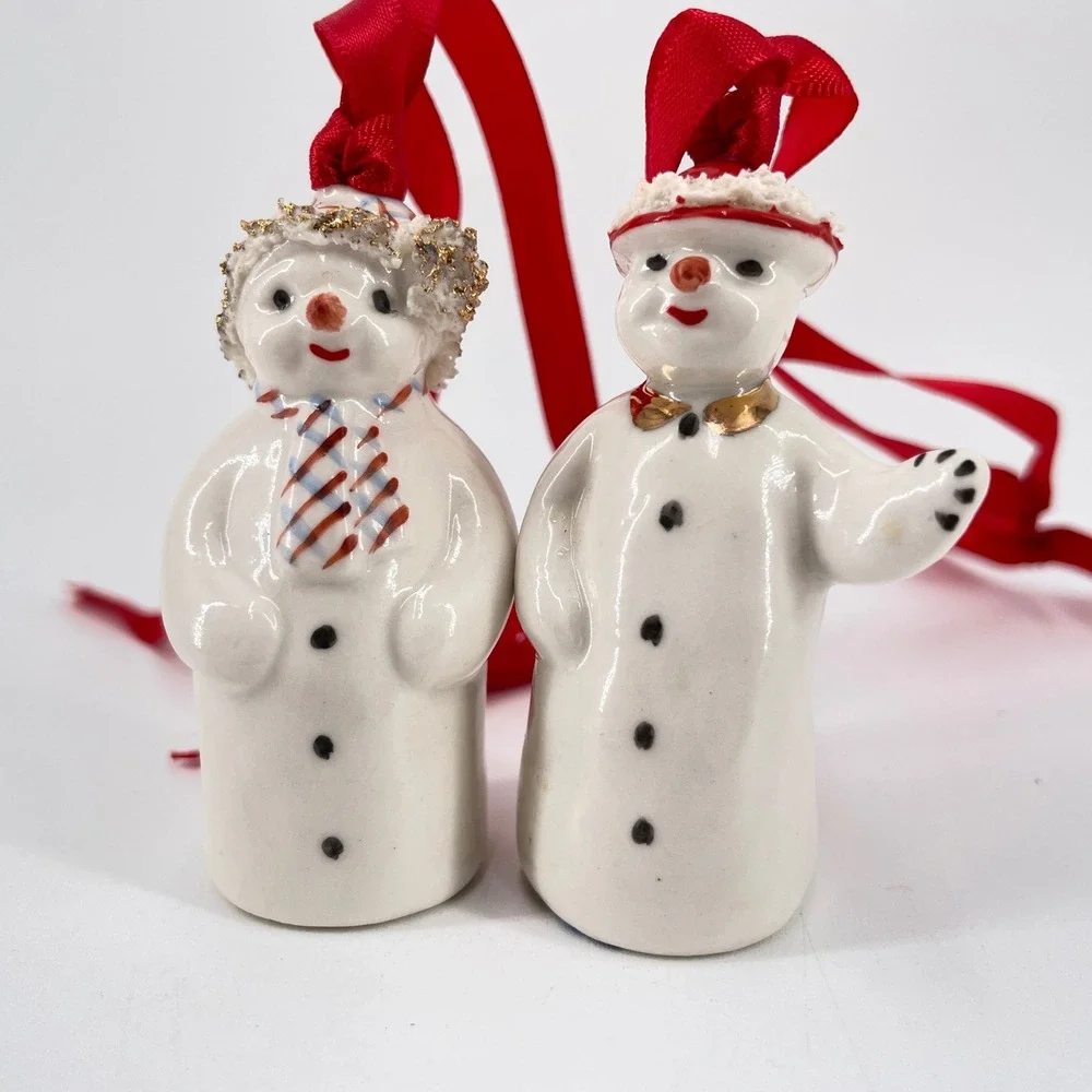 Irish Dresden Porcelain Lace Snowman Ornaments Male Female Plaid Scarf Gold